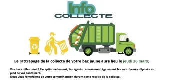 Le rattrapage de la collecte de votre bac jaune aura lieu le jeudi 26 mars. 